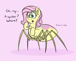 Size: 750x600 | Tagged: adoracreepy, artist:glimglam, chest fluff, comic:children of everfree, cute, derpibooru import, dialogue, fluttershy, monster pony, multiple eyes, oblivious, open mouth, original species, pink background, safe, shyabetes, simple background, solo, species swap, spider, spiderpony, spidershy, surprised