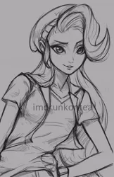 Size: 400x618 | Tagged: safe, artist:imdrunkontea, derpibooru import, starlight glimmer, human, equestria girls, beanie, clothes, hat, humanized, monochrome, sketch, solo, watermark