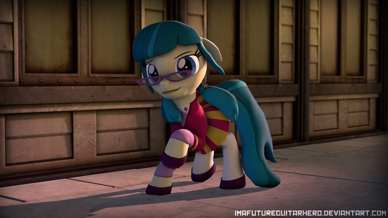 Size: 9600x5400 | Tagged: safe, artist:imafutureguitarhero, derpibooru import, juniper montage, ponified, pony, equestria girls, spoiler:eqg specials, 3d, absurd resolution, clothes, dress, equestria girls ponified, glasses, looking at you, raised hoof, shoes, sidewalk, smiling, solo, source filmmaker, wallpaper