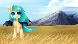 Size: 900x514 | Tagged: safe, artist:exceru-karina, derpibooru import, oc, oc:icy breeze, unofficial characters only, bat pony, pony, cloud, ear piercing, grass, mountain, piercing, signature, solo