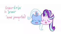 Size: 1280x704 | Tagged: safe, artist:yuck, derpibooru import, starlight glimmer, trixie, pony, unicorn, blushing, female, glowing horn, lesbian, shipping, simple background, startrix, text, white background