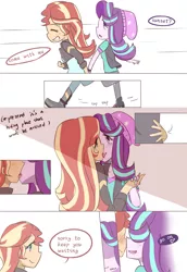Size: 1280x1860 | Tagged: suggestive, artist:yuck, derpibooru import, starlight glimmer, sunset shimmer, equestria girls, beanie, blushing, clothes, comic, dialogue, female, french kiss, hat, heart, kissing, lesbian, shimmerglimmer, shipping