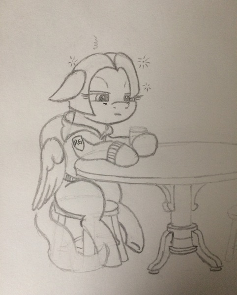 Size: 2448x3047 | Tagged: safe, artist:whiskey, derpibooru import, oc, oc:safety first, pegasus, pony, alcohol, clothes, drunk, female, guardsmare, hoodie, mare, monochrome, royal guard, solo, traditional art