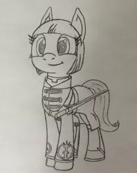 Size: 2448x3093 | Tagged: safe, artist:whiskey, derpibooru import, oc, oc:lamp light, unofficial characters only, pony, clothes, crossover, dishonored, female, mare, monochrome, overseer, smiling, solo, sword, traditional art, uniform, weapon