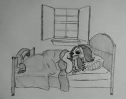 Size: 2998x2349 | Tagged: safe, artist:whiskey, derpibooru import, oc, oc:mellow drizzle, oc:solemn rain, unofficial characters only, pony, bed, monochrome, sleeping, snuggling, traditional art