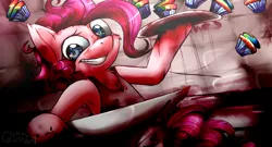 Size: 1920x1040 | Tagged: grimdark, artist:wolfchen999, derpibooru import, pinkie pie, earth pony, pony, fanfic:cupcakes, apron, armpits, blood, clothes, creepy smile, female, grin, knife, looking at you, mare, pinkamena diane pie, smiling, solo, tray