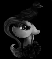 Size: 1024x1152 | Tagged: safe, artist:lcpegasister75, derpibooru import, fluttershy, bird, crow, pony, black background, duo, female, floppy ears, mare, modeling, monochrome, simple background