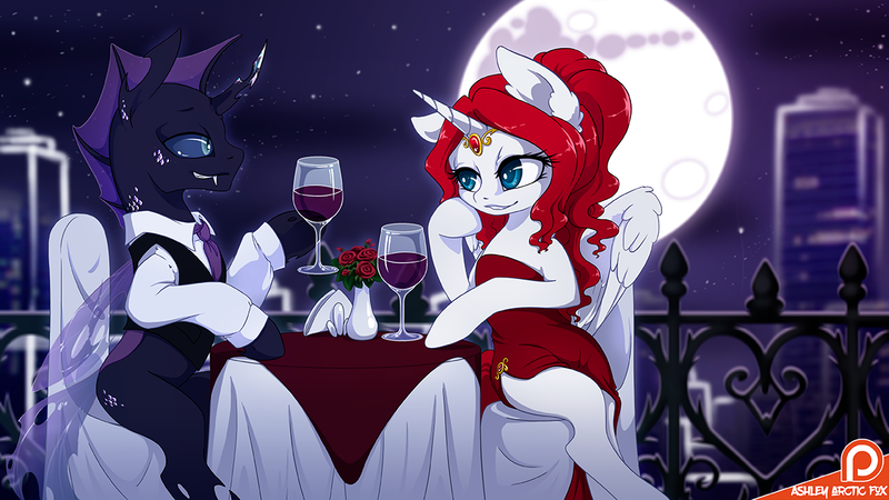 Size: 1200x675 | Tagged: alicorn, alicorn oc, artist:arctic-fox, beautiful, building, changeling, changeling oc, city, clothes, date, derpibooru import, dress, fangs, female, full moon, glass, handsome, looking at each other, male, mare, moon, night, oc, oc:phobos, oc x oc, patreon, patreon logo, purple changeling, red dress, safe, shipping, sitting, smiling, straight, table, unofficial characters only, wine glass