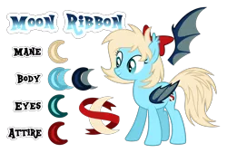 Size: 4237x2863 | Tagged: safe, artist:drakizora, derpibooru import, oc, oc:moon ribbon, unofficial characters only, bat pony, pony, absurd resolution, bow, female, hair bow, mare, parent:oc:moonshot, parent:oc:sweet cakes, parents:sweetshot, reference sheet, solo, sweetshot