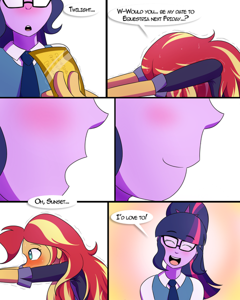 Size: 1000x1250 | Tagged: safe, artist:jase1505, artist:sunlight-mlp, deleted from derpibooru, derpibooru import, sci-twi, sunset shimmer, twilight sparkle, comic:night at the gala, series:sunlight horizons, equestria girls, clothes, comic, female, gala ticket, lesbian, scitwishimmer, shipping, sunsetsparkle