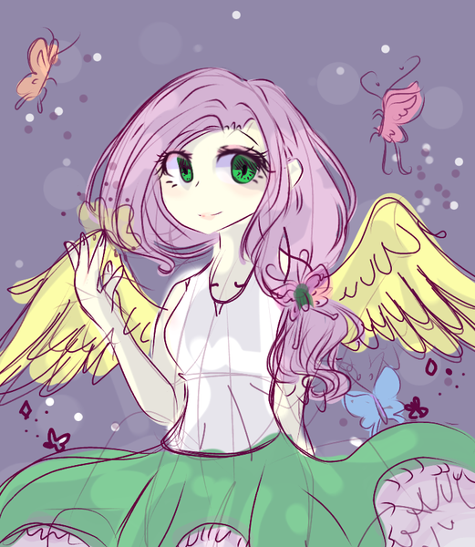 Size: 766x882 | Tagged: safe, artist:windymils, derpibooru import, fluttershy, butterfly, equestria girls, clothes, colored, female, ponied up, sketch, skirt, skirt lift, solo, tanktop