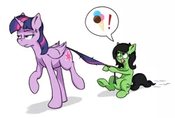 Size: 1148x770 | Tagged: safe, artist:crownhound, derpibooru import, twilight sparkle, twilight sparkle (alicorn), oc, oc:anonfilly, alicorn, earth pony, pony, cross-popping veins, dragging, duo, exclamation point, female, filly, food, ice cream, mare, pictogram, tail pull