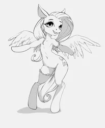 Size: 1280x1556 | Tagged: armpits, artist:kelpiemoonknives, belly button, bipedal, clothes, derpibooru import, featureless crotch, female, fluttershy, mare, monochrome, pegasus, semi-anthro, sketch, socks, solo, spread wings, stockings, suggestive, thigh highs, wide hips, wings