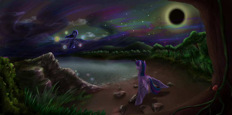 Size: 3000x1488 | Tagged: grimdark, artist:stratodraw, derpibooru import, princess luna, twilight sparkle, twilight sparkle (alicorn), alicorn, pony, corrupted, eclipse, evil, female, lake, mare, scenery, solar eclipse, tree