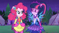 Size: 1280x720 | Tagged: safe, artist:mixiepie, artist:themexicanpunisher, derpibooru import, pinkie pie, sci-twi, twilight sparkle, equestria girls, legend of everfree, camp, clothes, crystal wings, duo, looking at each other, night, outdoors, ponied up, requested art, scitwilicorn, smiling, super ponied up, tent, vector, visor