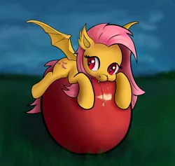 Size: 2857x2714 | Tagged: safe, artist:xbi, derpibooru import, fluttershy, bat pony, pony, apple, biting, cute, flutterbat, food, giant apple, prone, race swap, shyabates, shyabetes, solo, spread wings, wings