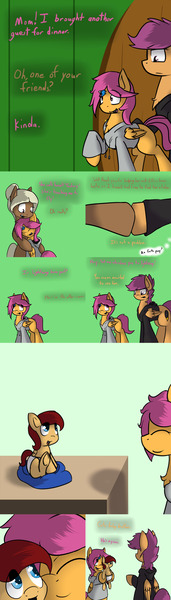 Size: 1500x5250 | Tagged: safe, artist:conmanwolf, derpibooru import, scootaloo, oc, oc:lightning blitz, oc:sandy hooves, pegasus, pony, comic:ask motherly scootaloo, absurd resolution, baby, baby pony, colt, comic, dialogue, factory scootaloo, female, hairpin, holding a pony, male, mother and son, motherly scootaloo, offspring, older, older scootaloo, parent:rain catcher, parent:scootaloo, parents:catcherloo, self paradox, sweatshirt