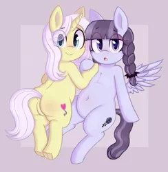 Size: 1061x1087 | Tagged: suggestive, artist:toroitimu, derpibooru import, inky rose, lily lace, pegasus, pony, unicorn, honest apple, belly button, blushing, chubby, duo, featureless crotch, female, lidded eyes, looking at you, mare, open mouth, plot, plump, smiling, spread wings, underhoof, wings