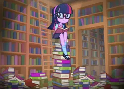 Size: 6095x4412 | Tagged: safe, artist:invisibleink, derpibooru import, sci-twi, twilight sparkle, equestria girls, absurd resolution, adorkable, book, bookshelf, child, cute, dork, female, ladder, library, solo, twiabetes, young, younger