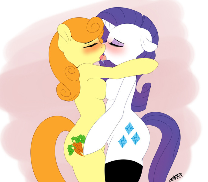Size: 1200x1050 | Tagged: anthro, artist:kikiluv, breasts, carrity, carrot top, derpibooru import, female, golden harvest, kissing, lesbian, questionable, rarity, shipping, sloppy kissing