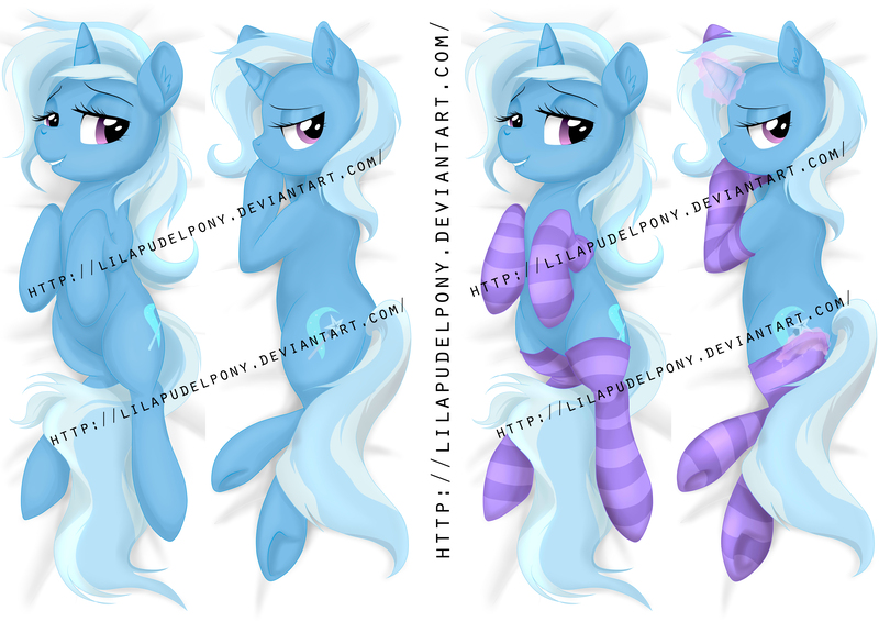 Size: 3508x2480 | Tagged: safe, artist:lilapudelpony, derpibooru import, trixie, pony, unicorn, bedroom eyes, body pillow, body pillow design, clothes, commission, grin, lip bite, looking at you, magic, obtrusive watermark, on back, plot, seductive, seductive pose, side, smiling, socks, solo, striped socks, telekinesis, underhoof, watermark