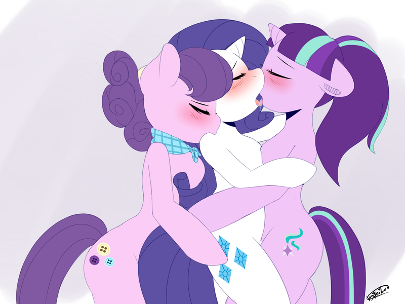 Size: 1600x1200 | Tagged: questionable, artist:kikiluv, derpibooru import, rarity, starlight glimmer, suri polomare, anthro, earth pony, unguligrade anthro, unicorn, arm hooves, blushing, commission, female, floppy ears, kissing, lesbian, mare, shipping, simple background, sloppy kissing, starity, surity, white background