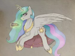 Size: 960x720 | Tagged: safe, artist:chickenbrony, derpibooru import, princess celestia, alicorn, pony, cake, cakelestia, colored sketch, female, food, grin, horn, looking at you, magic, mare, prone, sketch, smiling, solo, traditional art, wings