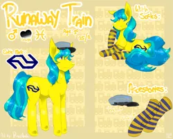 Size: 1273x1024 | Tagged: safe, artist:princehoshi, derpibooru import, oc, oc:runaway train, unofficial characters only, pony, cap, clothes, hat, male, reference sheet, simple background, socks, solo, stallion, striped socks, yellow background