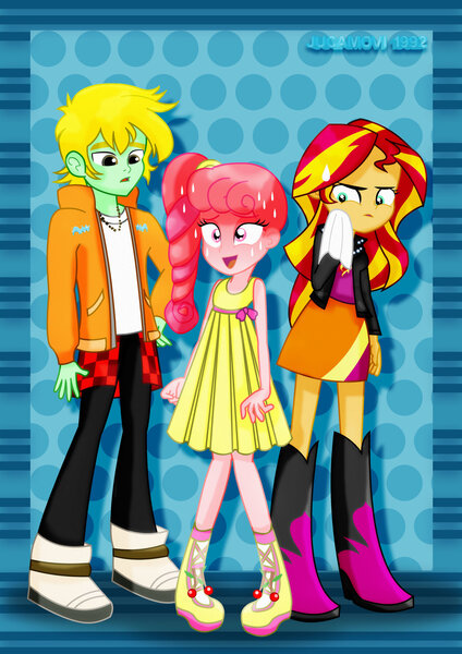 Size: 1600x2263 | Tagged: safe, artist:jucamovi1992, derpibooru import, sunset shimmer, oc, oc:flying cherry, oc:speed wave, equestria girls, blushing, boots, clothes, dress, equestria girls-ified, high heel boots, jacket, shoes, smiling, sweat, trio