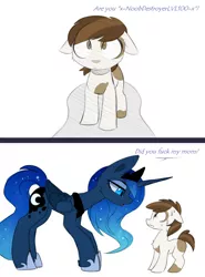 Size: 1501x2028 | Tagged: safe, artist:magnaluna, derpibooru import, pipsqueak, princess luna, alicorn, earth pony, pony, gamer luna, 2 panel comic, caught, cheek fluff, chest fluff, colt, comic, dialogue, duo, ear fluff, female, floppy ears, fluffy, foal, frown, glare, jay and silent bob, jewelry, leg fluff, lidded eyes, looking at each other, looking down, male, mare, nervous, no catchlights, open mouth, regalia, scared, shadow, shoulder fluff, simple background, size difference, slit eyes, sweat, text, this will not end well, vulgar, wavy mouth, white background, wide eyes, wing fluff