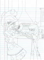 Size: 1513x2054 | Tagged: safe, artist:haleyc4629, derpibooru import, apple bloom, applejack, equestria girls, female, kitchen, lined paper, parody, sisters, sketch, sunglasses, traditional art, trombone, vine video, when granny smith ain't home, when mama isn't home