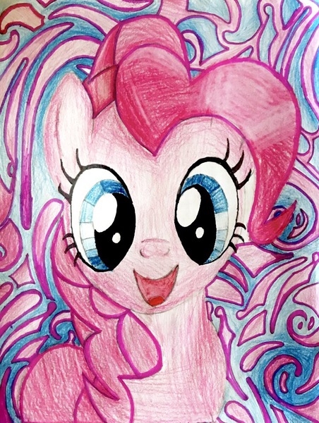 Size: 750x995 | Tagged: safe, artist:project-parallel, derpibooru import, pinkie pie, earth pony, pony, abstract background, female, looking at you, mare, smiling, solo, traditional art