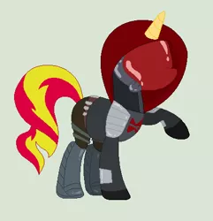 Size: 436x452 | Tagged: safe, artist:everythingf4ngirl, derpibooru import, sunset shimmer, pony, unicorn, arkham knight, armor, batman, batman: under the red hood, boots, dc comics, female, gray background, helmet, hood, jason todd, mare, mask, red hood, shoes, simple background, solo