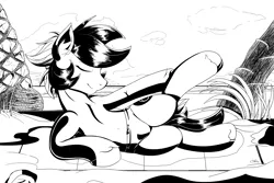 Size: 5403x3600 | Tagged: suggestive, artist:stec-corduroyroad, derpibooru import, oc, oc:corduroy road, unofficial characters only, earth pony, pony, absurd resolution, beach, black, black and white, clothes, cordy, eyes closed, grayscale, ink, male, mat, monochrome, palm tree, ponytail, solo, solo male, speedo, stallion, stretching, swimsuit, tree, trunks, white, yoga