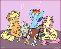Size: 1080x873 | Tagged: safe, artist:espeonna, derpibooru import, applejack, fluttershy, rainbow dash, pony, exclamation point, frown, interrobang, monopoly, question mark, rage quit, redraw, sore loser, table flip