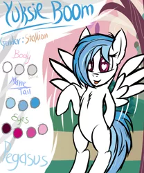 Size: 2500x3000 | Tagged: safe, artist:theskif, derpibooru import, oc, oc:yuksieboom, unofficial characters only, pegasus, pony, blue, blue hair, body, color, eye, eyes, forest, fur, gender, guide, heart, heart eyes, male, mane, presenting, purple eyes, solo, stallion, tail, tongue out, wingding eyes, wings