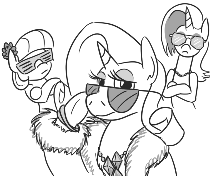 Size: 771x646 | Tagged: safe, artist:jargon scott, derpibooru import, coco pommel, rarity, sassy saddles, pony, 30 minute art challenge, baseball cap, black and white, cap, crossed arms, grayscale, hat, monochrome, sunglasses