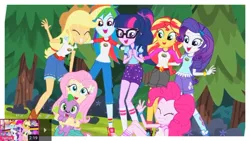 Size: 854x480 | Tagged: safe, derpibooru import, screencap, applejack, fluttershy, pinkie pie, rainbow dash, rarity, sci-twi, spike, spike the regular dog, sunset shimmer, twilight sparkle, twilight sparkle (alicorn), alicorn, dog, equestria girls, legend of everfree, my little pony: the movie, boots, camp everfree outfits, clothes, converse, cowboy hat, eyes closed, glasses, hat, high heel boots, humane five, humane seven, humane six, mane six, meme, pants, puppy, shoes, shorts, smiling, socks