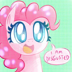 Size: 1000x1000 | Tagged: safe, artist:siggie740, derpibooru import, pinkie pie, earth pony, pony, abstract background, colored pupils, disgusted, dissonant caption, female, mare, smiling, solo, speech bubble, subversive kawaii, text
