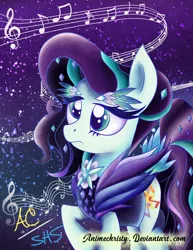 Size: 1024x1325 | Tagged: safe, artist:animechristy, derpibooru import, coloratura, pony, clothes, countess coloratura, cutie mark, female, galaxy, mare, music notes, raised hoof, rara, solo