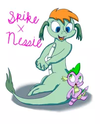 Size: 2014x2497 | Tagged: artist:chiptunebrony, crack shipping, crossover, cursive writing, derpibooru import, disney, dragon, loch ness monster, looking at each other, looking down, looking up, nessie, on back, on floor, open mouth, safe, shadow, shipping, smiling, spessie, spike, the ballad of nessie