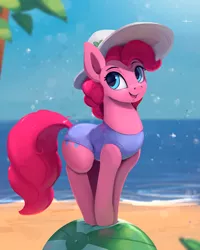 Size: 842x1050 | Tagged: safe, artist:rodrigues404, derpibooru import, pinkie pie, earth pony, pony, beach, clothes, cute, diapinkes, female, hat, looking at you, mare, one-piece swimsuit, palm tree, smiling, solo, sun hat, swimsuit, tree, water