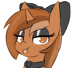 Size: 479x432 | Tagged: safe, artist:rice, derpibooru import, oc, oc:sign, unofficial characters only, pony, unicorn, bow, bust, female, freckles, hair bow, lidded eyes, looking at you, necktie, simple background, solo, tongue out, transparent background