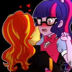 Size: 800x800 | Tagged: safe, artist:ponyprincessgirl100, derpibooru import, sci-twi, sunset shimmer, twilight sparkle, equestria girls, blushing, clothes, cute, female, glasses, heart, imminent kissing, jacket, leather jacket, lesbian, open mouth, scitwishimmer, shipping, sunsetsparkle, twiabetes