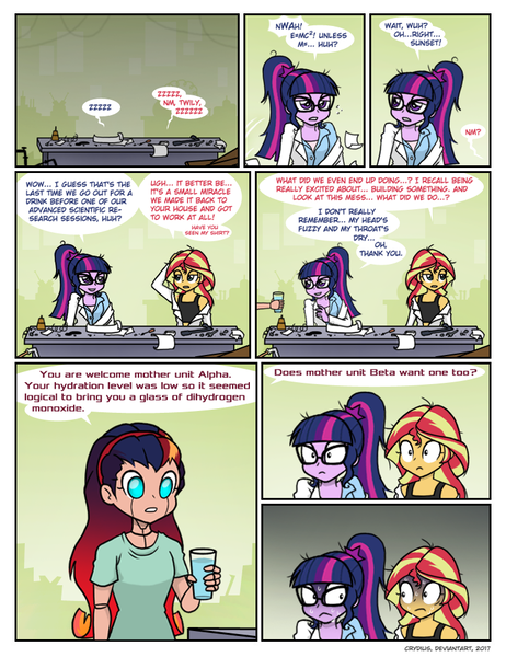 Size: 752x976 | Tagged: safe, artist:crydius, derpibooru import, sci-twi, sunset shimmer, twilight sparkle, oc, oc:gamma, android, equestria girls, bed hair, clothes, comic, female, gradient hair, lab coat, lesbian, magical lesbian spawn, meet gamma, offspring, parent:sci-twi, parent:sunset shimmer, parent:twilight sparkle, parents:scitwishimmer, parents:sunsetsparkle, scientific lesbian spawn, scitwishimmer, shipping, sunsetsparkle