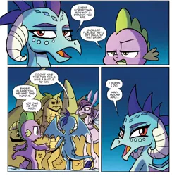 Size: 1360x1391 | Tagged: safe, derpibooru import, idw, amarant, princess ember, prominence, scorchy, spike, dragon, wings over yakyakistan, spoiler:comic, spoiler:comic56, exposition