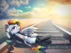 Size: 4800x3600 | Tagged: safe, artist:helmie-art, derpibooru import, rainbow dash, pegasus, pony, absurd resolution, alternate hairstyle, clothes, ear piercing, female, jacket, looking at you, mare, multicolored hair, piercing, punk, railroad, solo, stockings, thigh highs