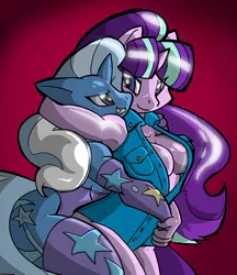 Size: 950x1099 | Tagged: suggestive, artist:theburningdonut, derpibooru import, starlight glimmer, trixie, anthro, unicorn, absolute cleavage, armpits, breasts, cleavage, clothes, counterparts, female, gloves, gradient background, grin, hug, hug from behind, leotard, lesbian, long gloves, looking at each other, shipping, smiling, socks, startrix, thigh highs, twilight's counterparts