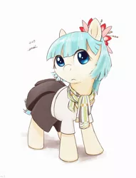 Size: 1136x1490 | Tagged: safe, artist:yvt-jp, derpibooru import, coco pommel, earth pony, pony, clothes, cocobetes, colored pupils, cute, female, mare, pleated skirt, scarf, shirt, simple background, skirt, solo, white background