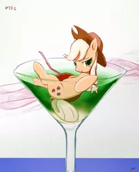 Size: 1800x2227 | Tagged: safe, artist:yvt-jp, derpibooru import, applejack, earth pony, pony, appletini, cherry, cocktail glass, colored pupils, cup, cup of pony, drink, female, food, glass, looking at you, mare, micro, solo, tiny ponies